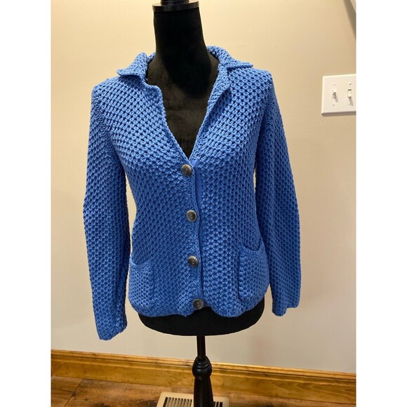 J. Jill Cardigan Blue Cotton Blend Collared Button Down Front Pockets Size Small - Picture 7 of 11